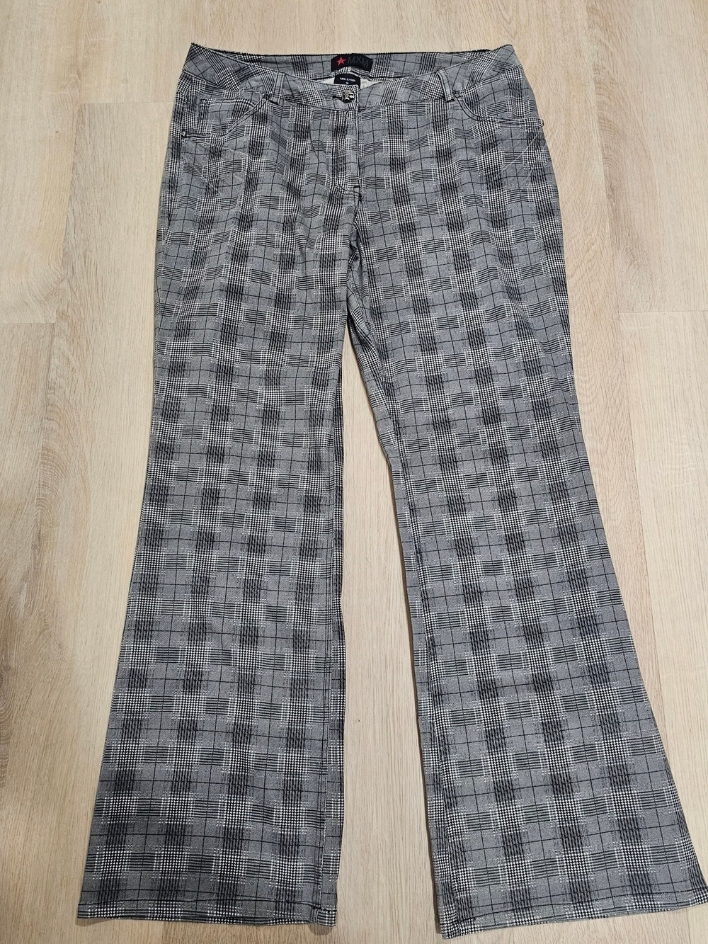 MXM Plaid Flare Pants Sz.16 Black Gray Skull Button Studs Punk Y2K Office Casual